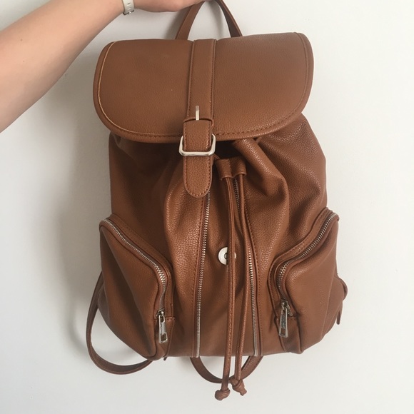 Handbags - Brown Faux Leather Drawstring Backpack!!